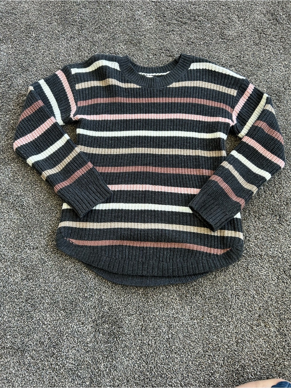 SO Striped Crewneck Sweater in Charcoal, Pink & Cream